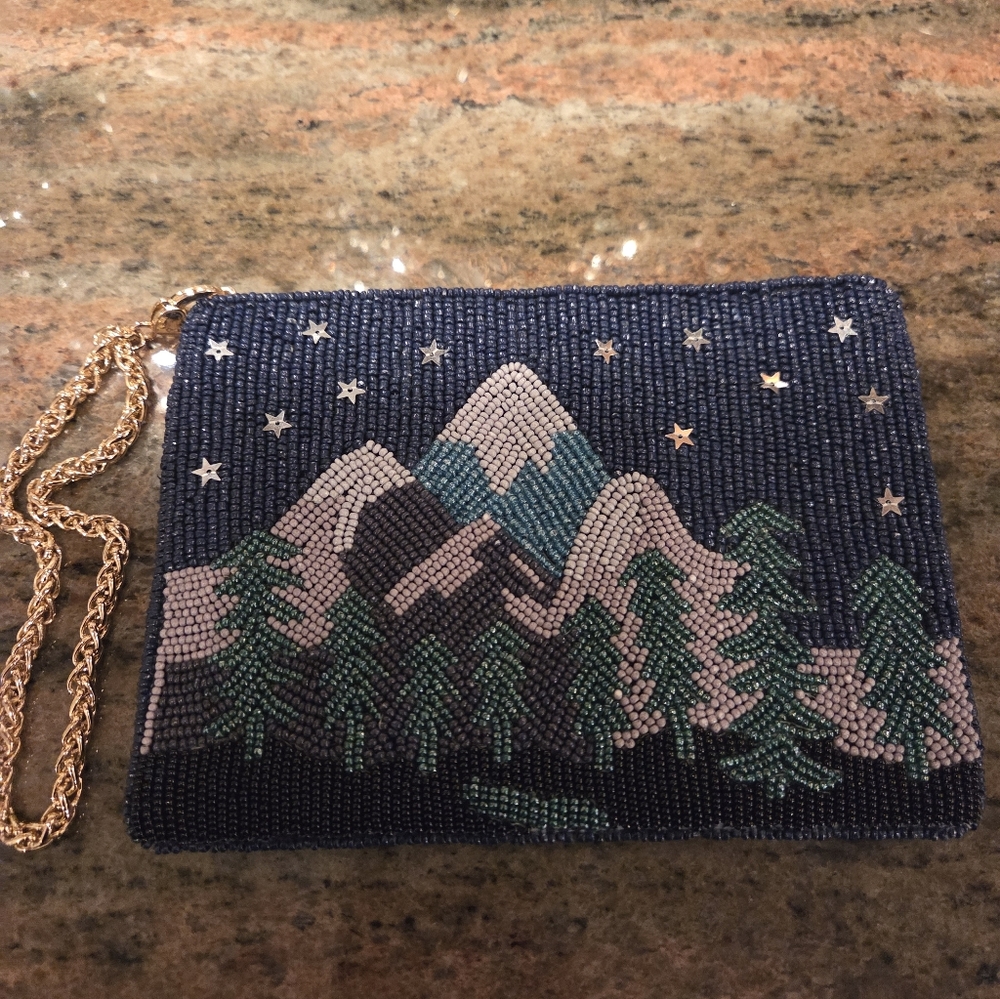 Beaded Mountain Scene Wristlet Or Clutch- Blue and Green With Stars